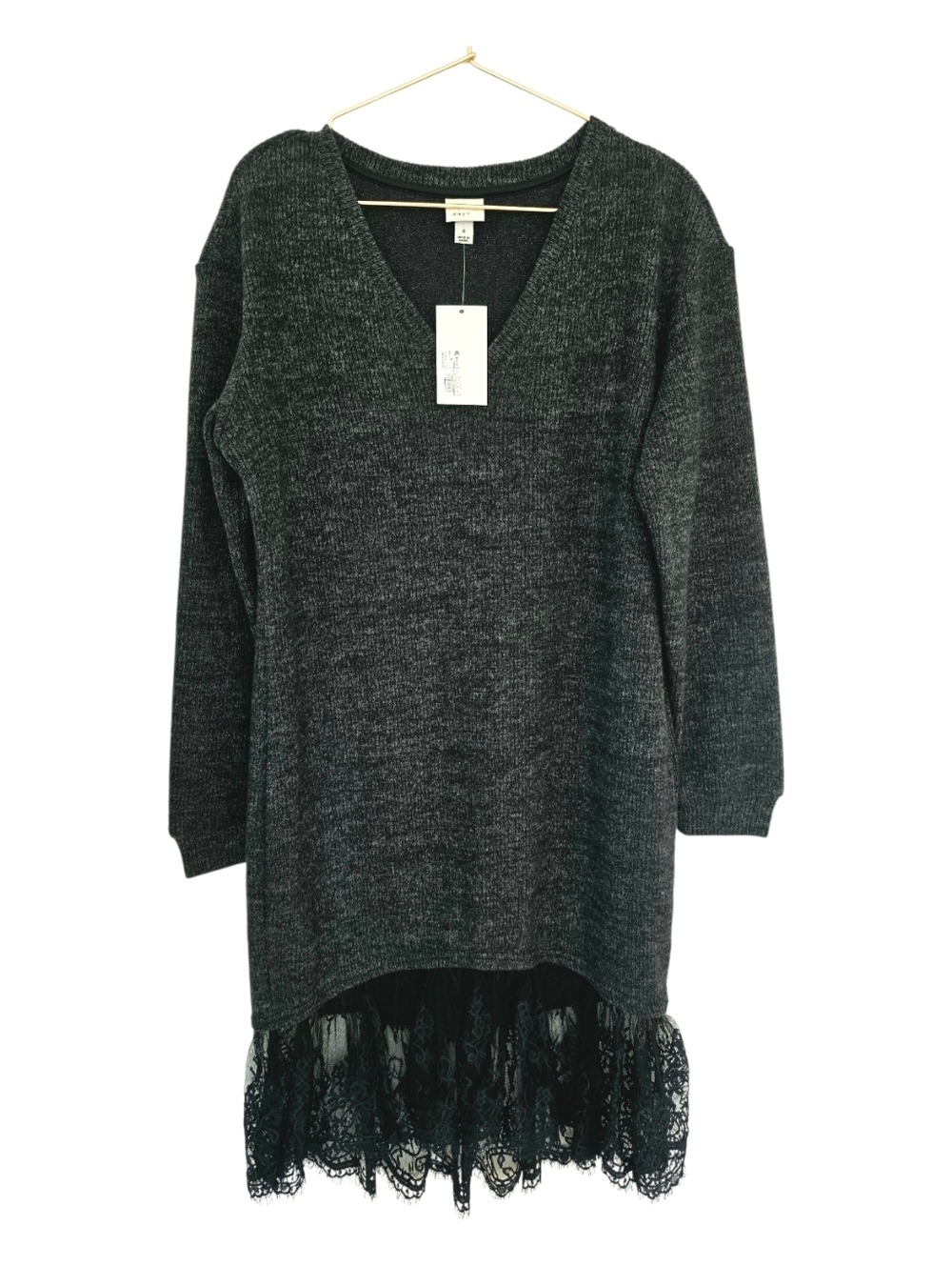 A New Day Dark Grey V-neck Sweater Dress with Lace Trim Small NWT